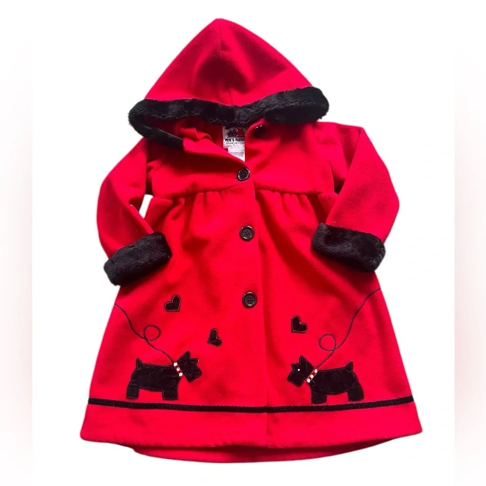 Pete’s Partner Girls Scottish Terrier Red Coat With Faux Black Fur Trim Size 4​